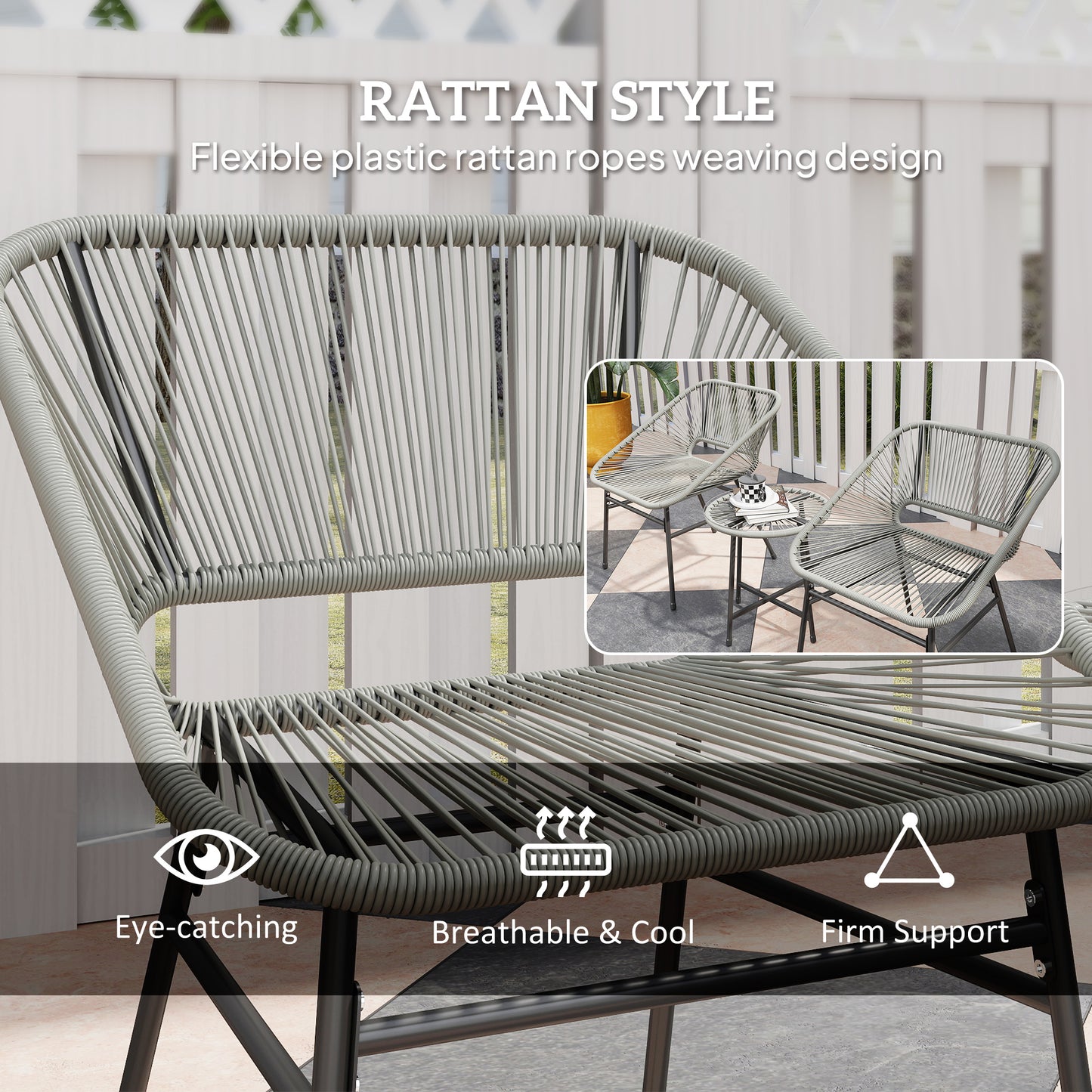 Rattan Bistro Set, Small Balcony Furniture with Cushion, Light Grey