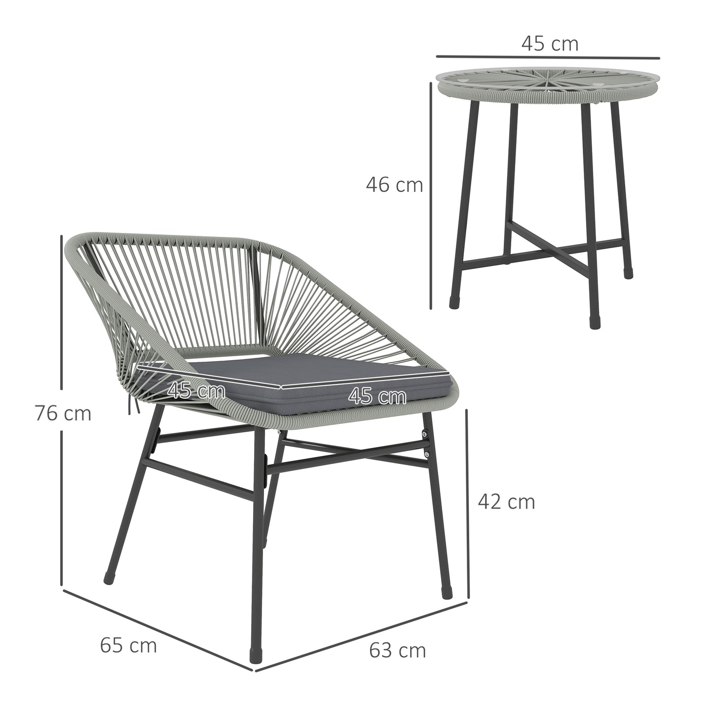 Rattan Bistro Set, Small Balcony Furniture with Cushion, Light Grey