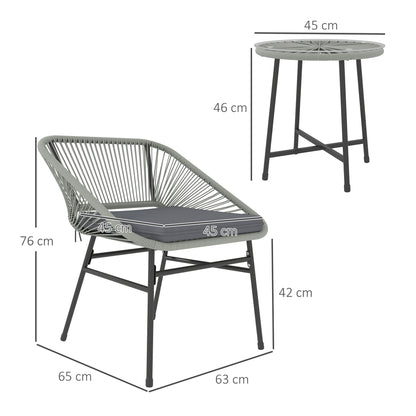 Rattan Bistro Set, Small Balcony Furniture with Cushion, Light Grey
