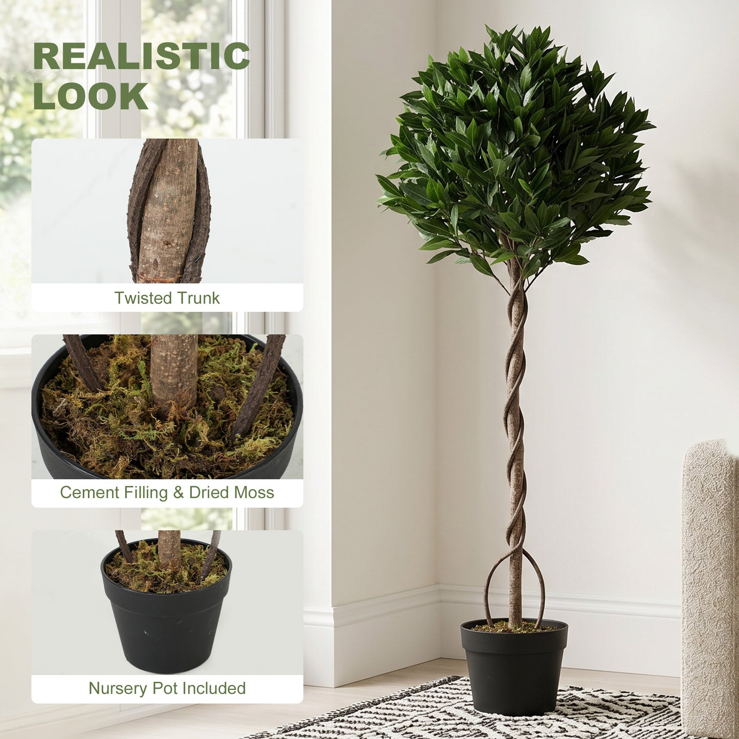 Artificial Bay Laurel Topiary Trees with Twisted Trunk, Realistic Lush Topiary Ball Tree with Weighted Pot, 5FT Indoor Greenery Plant for Home Office Decor, Set of 2, Green