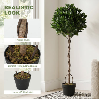 Artificial Bay Laurel Topiary Trees with Twisted Trunk, Realistic Lush Topiary Ball Tree with Weighted Pot, 5FT Indoor Greenery Plant for Home Office Decor, Set of 2, Green
