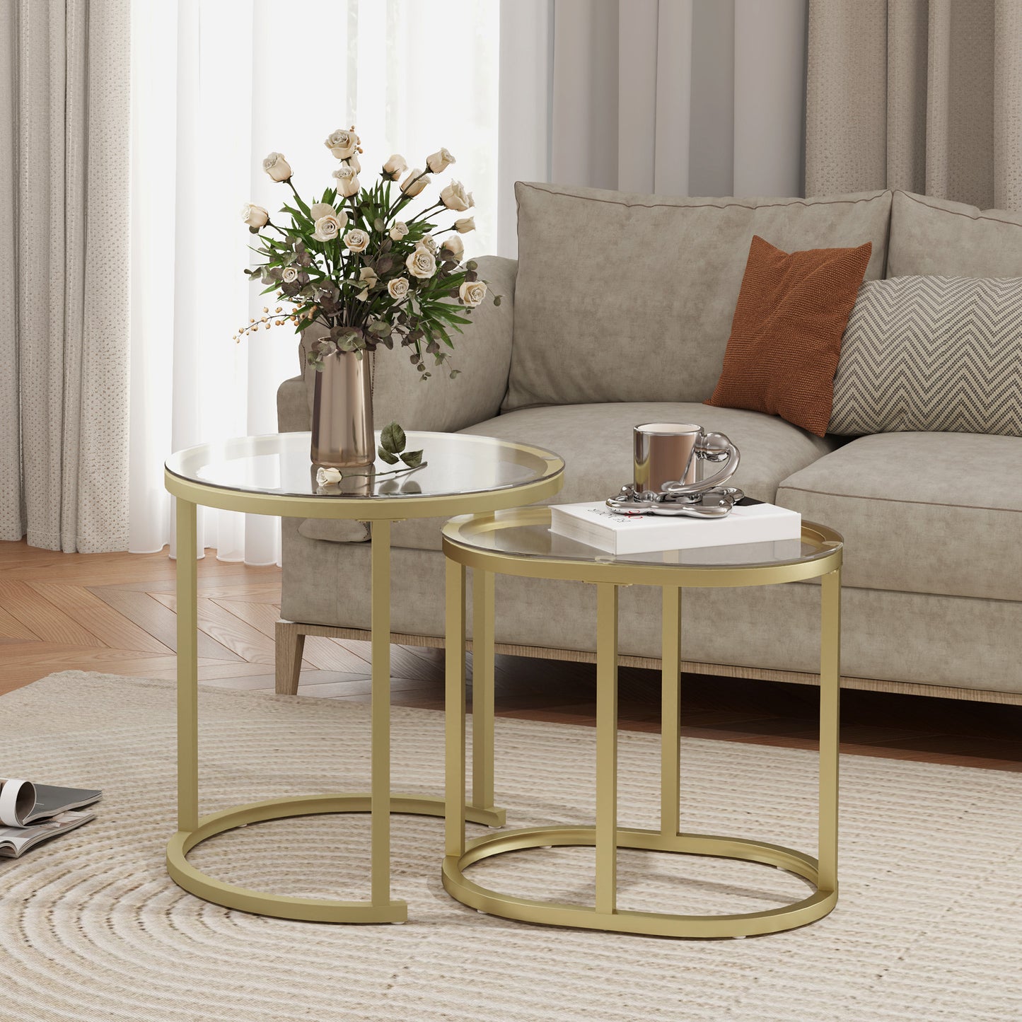 2 Pcs Modern Coffee Table with Tempered Glass Side Tables Clear