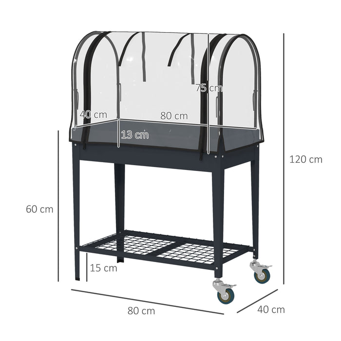 Raised Planter with Greenhouse Cover, Mobile Elevated Garden Bed with Wheels and Bottom Shelf for Vegetables, Dark Grey