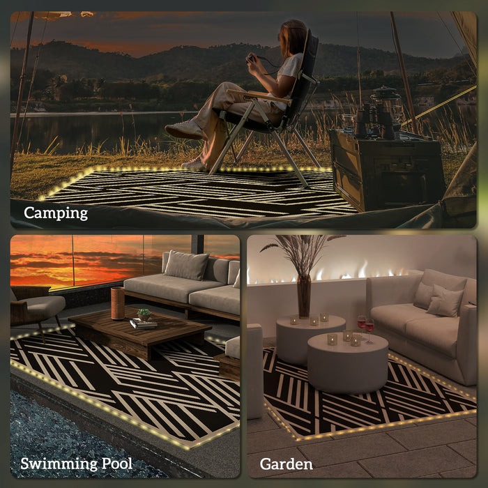 Plastic Straw Reversible RV Outdoor Rug with LED String Light, 182 x 274cm, Black and Coffee