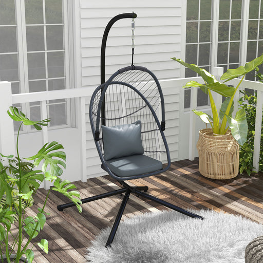 Outdoor PE Rattan Swing Chair with Cushion, Foldable Basket Patio Hanging Chair w/ Metal Stand, Rotation Spring Hook, Basket Height