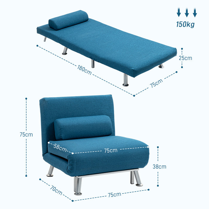 Single Sofa Bed, 1 Person Sleeper Foldable Lounge with Pillow, Blue