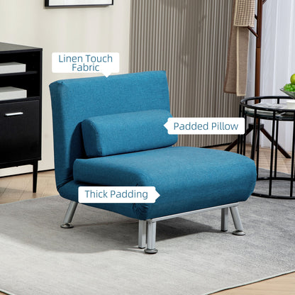 Single Sofa Bed, 1 Person Sleeper Foldable Lounge with Pillow, Blue