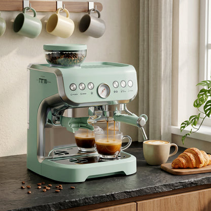 Espresso Machine with Integrated Bean Grinder & Steam Wand, Bean to Cup Coffee Machine with 15 Bar Italian Pump, 2L Water Tank, Cappuccino Maker, Stainless Steel, Light Green