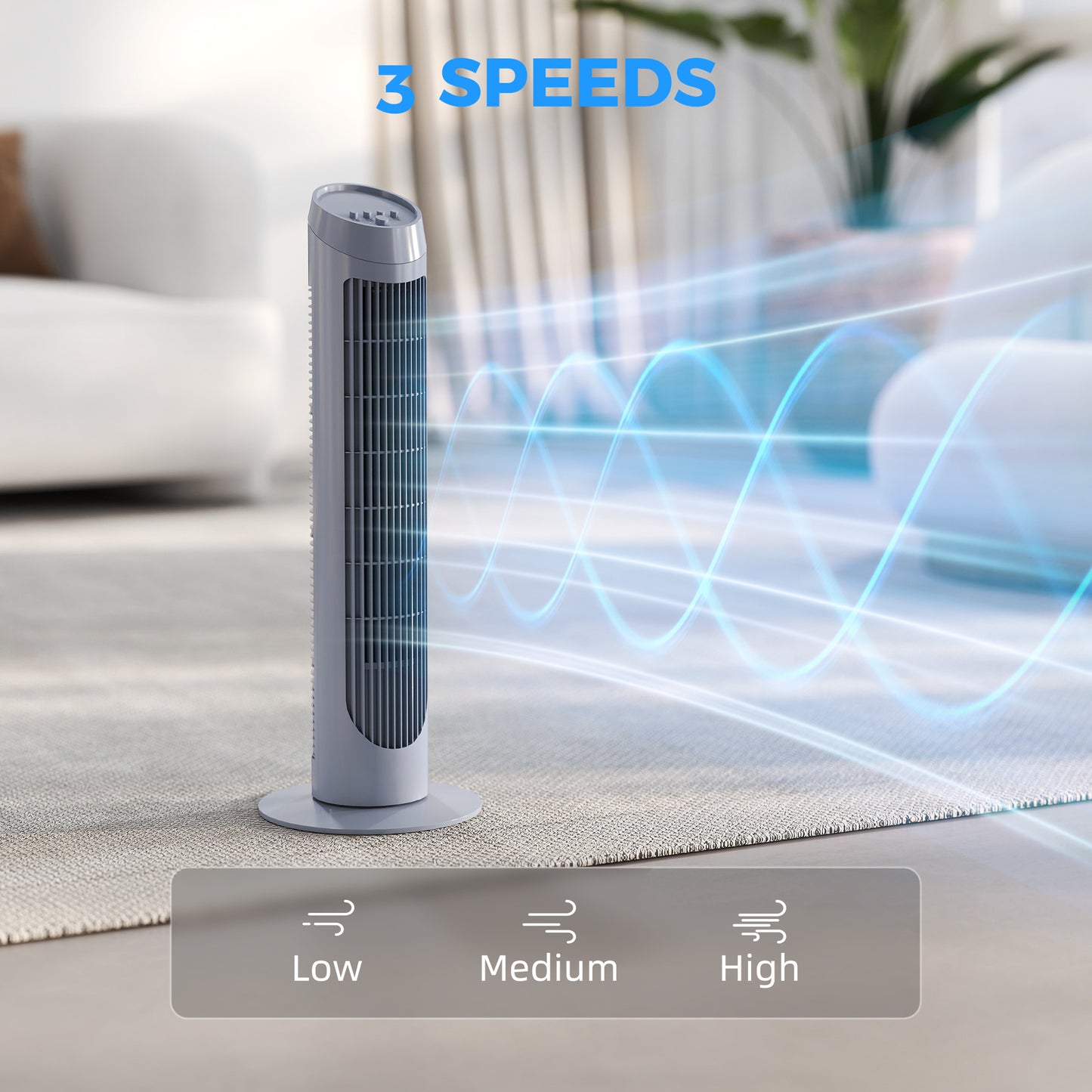 75cm Tower Fan Noise Reduction Wind 3-Level Cool ABS Indoor Grey