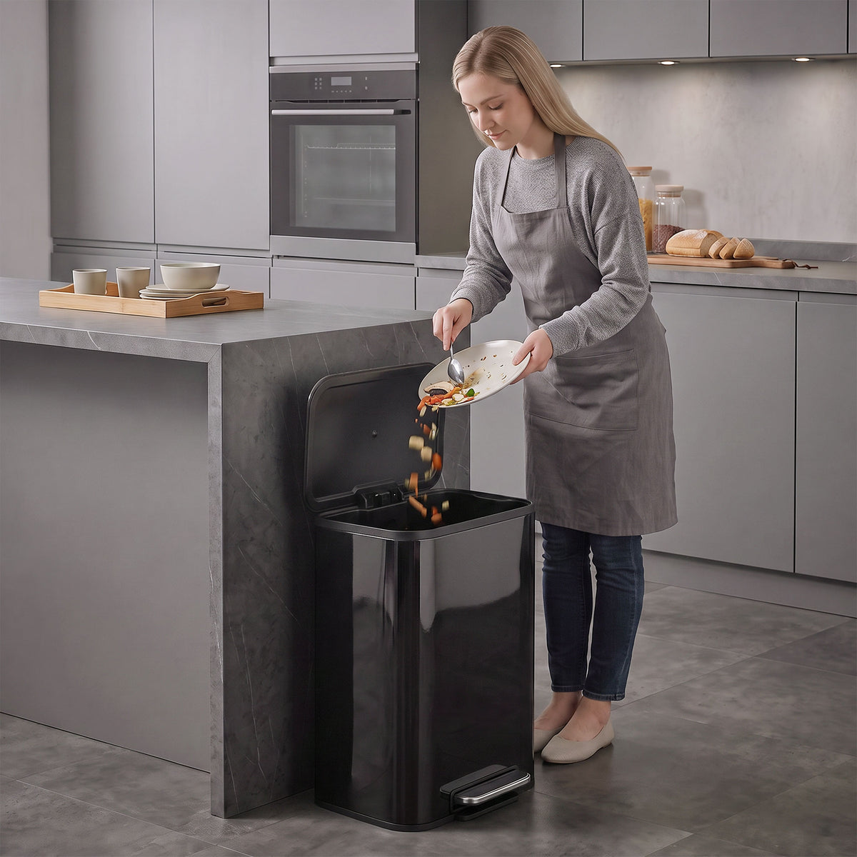 50L Kitchen Bin, Metal Rectangular Pedal Trash Bin, High Gloss Black