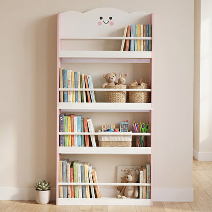 4 Tier Kids Bookshelf, Wall-Mounted Children Bookcase, Cotton Candy Theme Toddler Space-Saving Bookcase for Living Room, Kids Room, Playroom, Pink