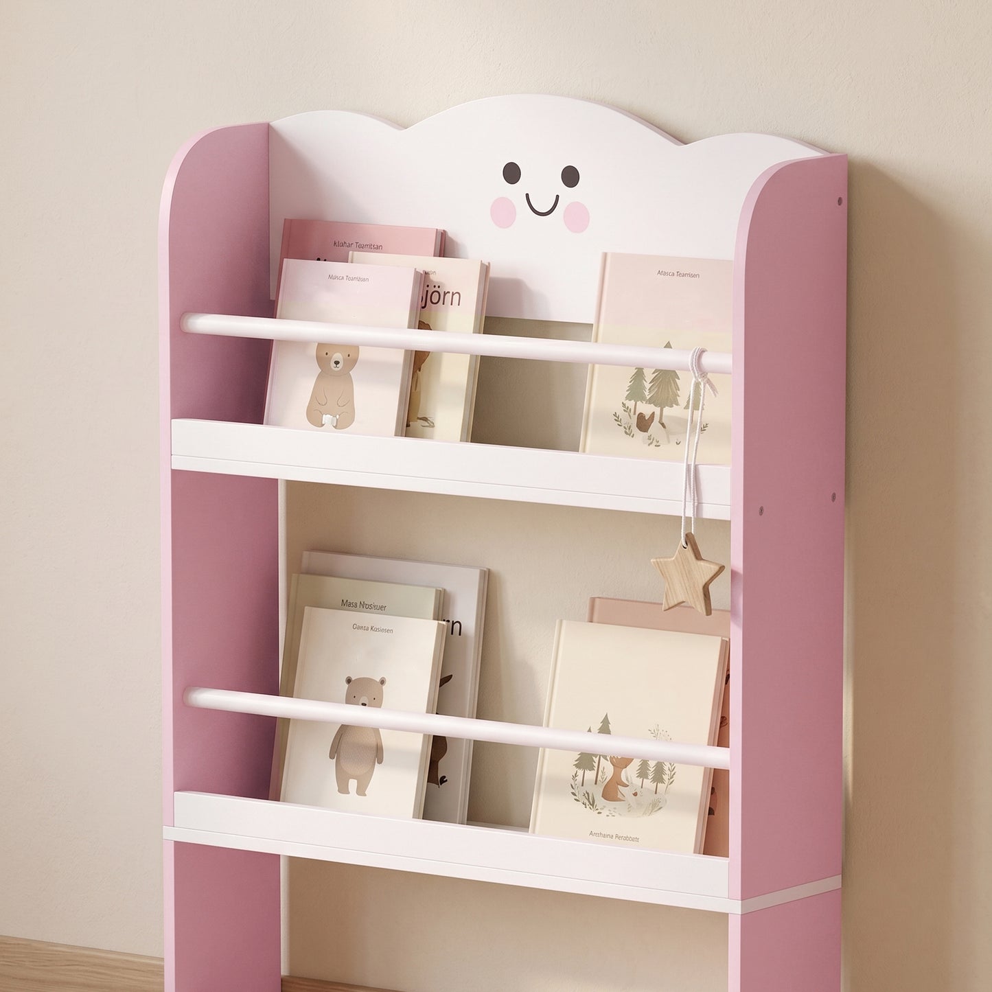 4 Tier Kids Bookshelf, Wall-Mounted Children Bookcase, Cotton Candy Theme Toddler Space-Saving Bookcase for Living Room, Kids Room, Playroom, Pink