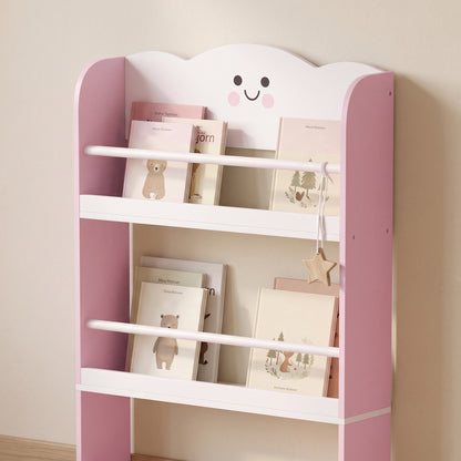 4 Tier Kids Bookshelf, Wall-Mounted Children Bookcase, Cotton Candy Theme Toddler Space-Saving Bookcase for Living Room, Kids Room, Playroom, Pink