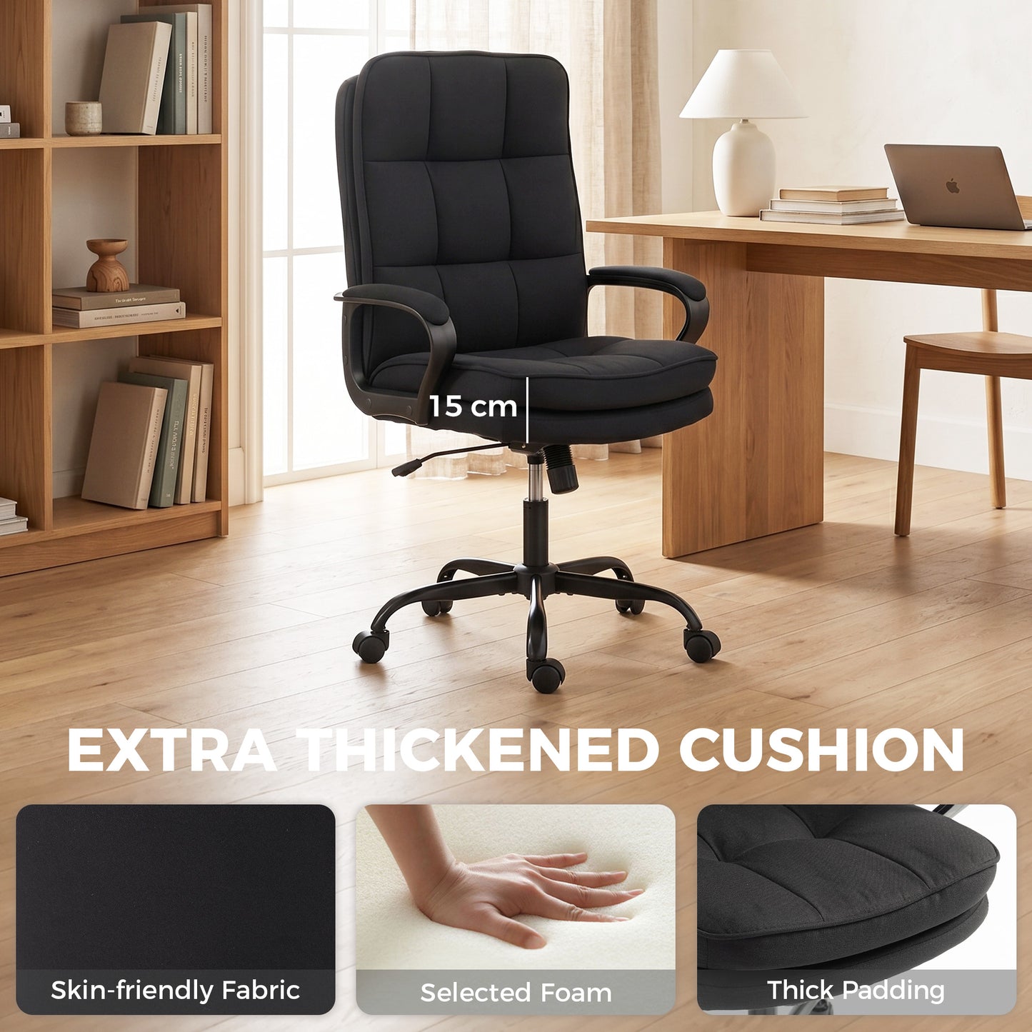 Executive Office Chair, Fabric Computer Desk Chair with Dual-Layer Padding, High Back, Silent Swivel Wheels, Armrest, Height Adjustable, Rocking Function for Home, Black