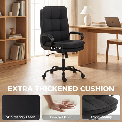 Executive Office Chair, Fabric Computer Desk Chair with Dual-Layer Padding, High Back, Silent Swivel Wheels, Armrest, Height Adjustable, Rocking Function for Home, Black