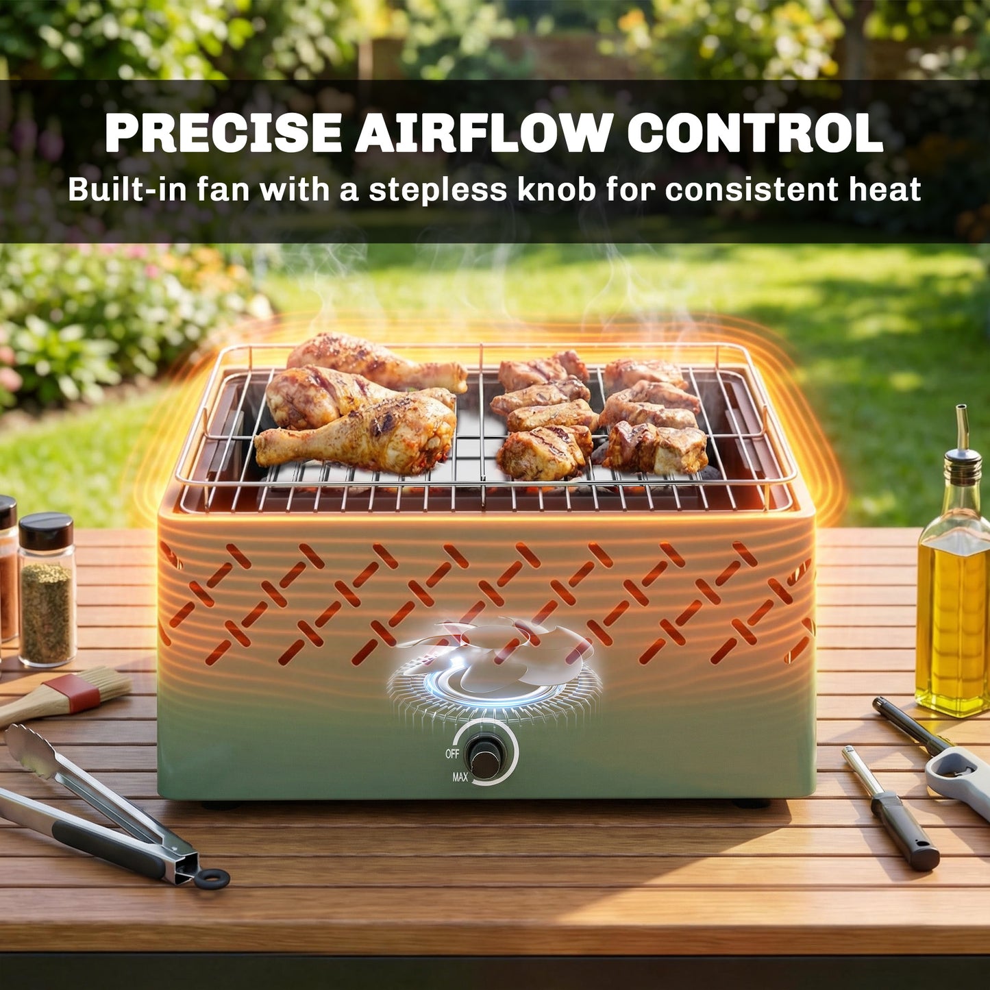 Portable Charcoal BBQ Grill with Built-in Fan, Light Green
