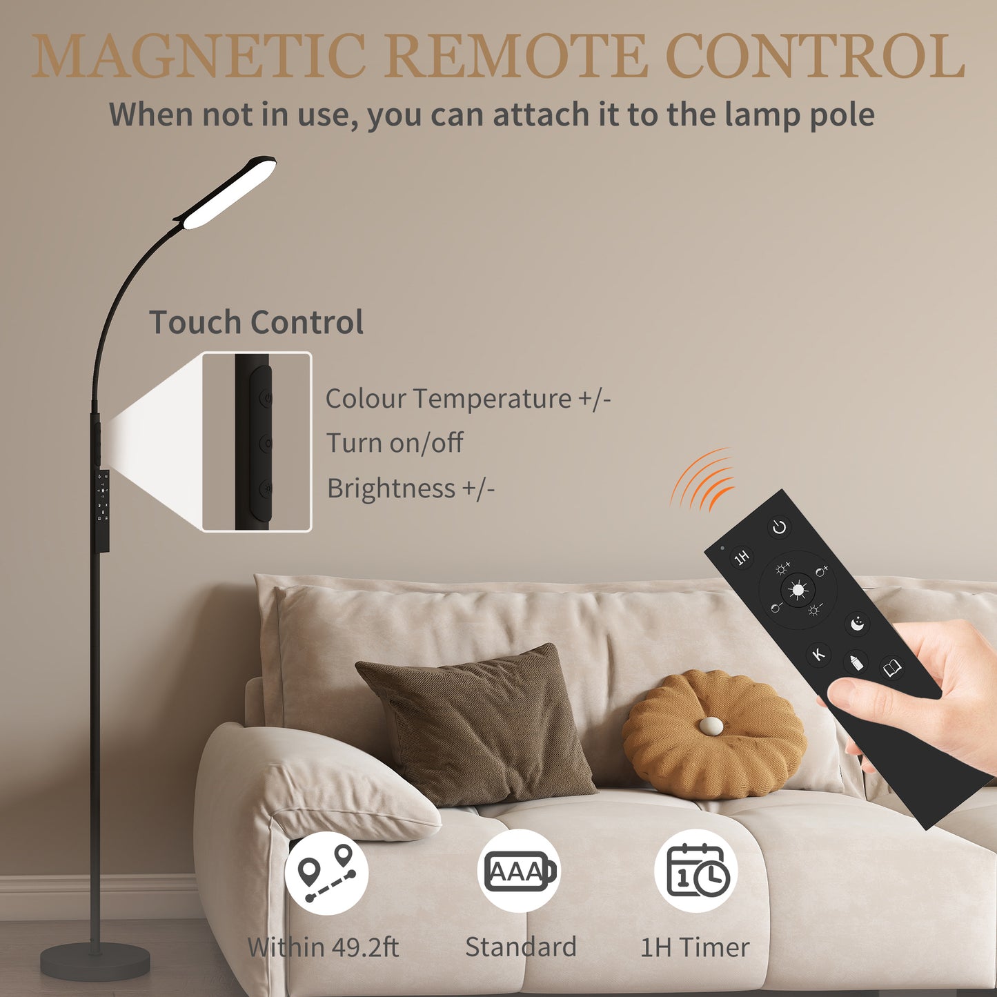 LED Floor Lamp for Living Room with Magnetic Remote Control, Black