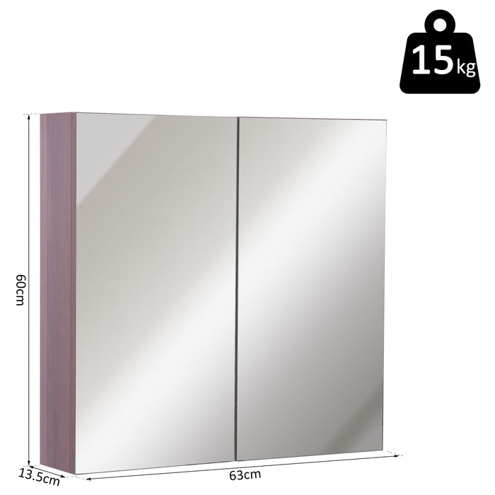 kleankin Wall Mounted Glass Bathroom Mirror Cabinet Storage Shelf, 63Wx60Hx13.5T cm-Walnut