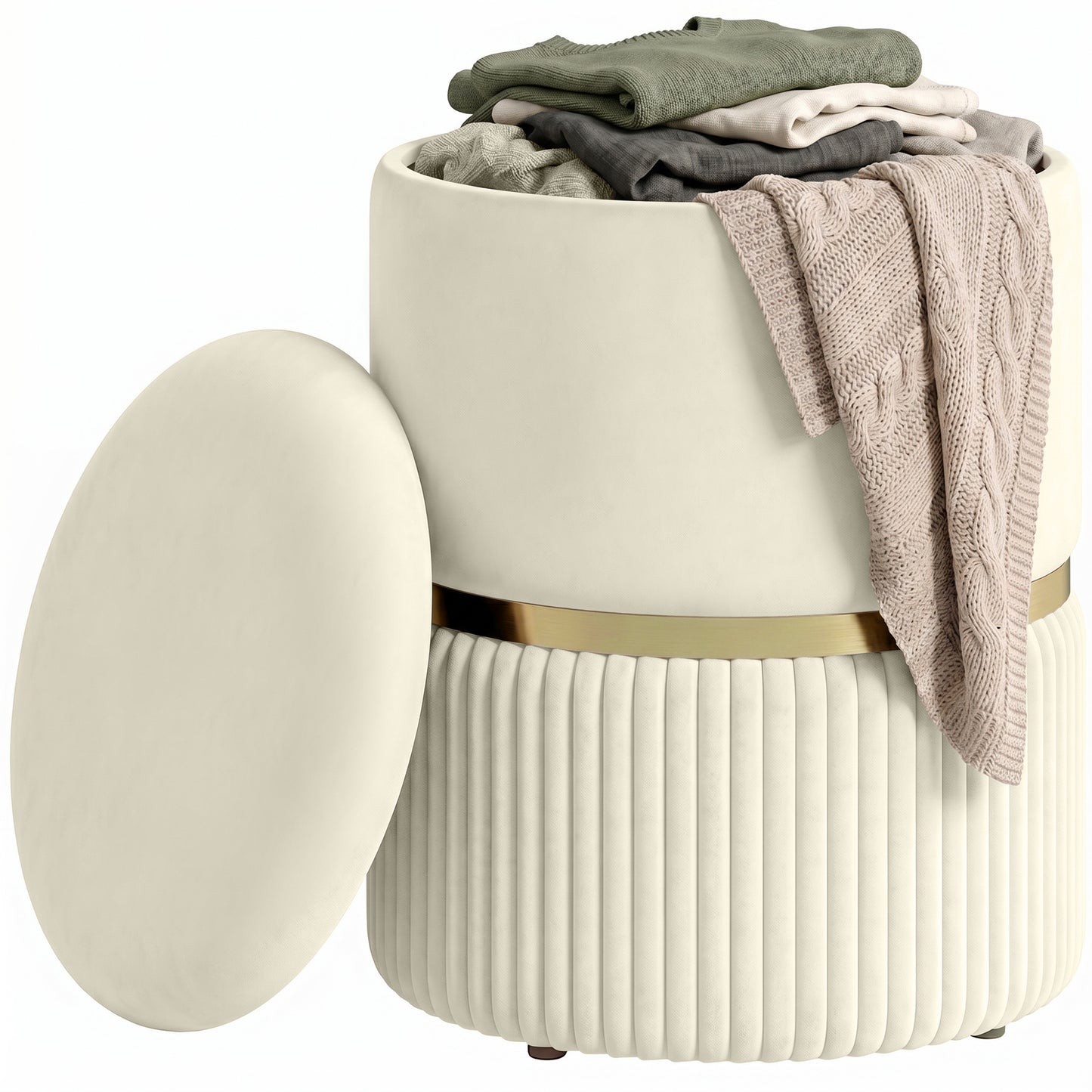 Round Storage Stool, Velvet-feel Fabric Upholstered Vanity Stool with Removable Top, Padded Seat and Hidden Space for Living Room, Bedroom, Beige