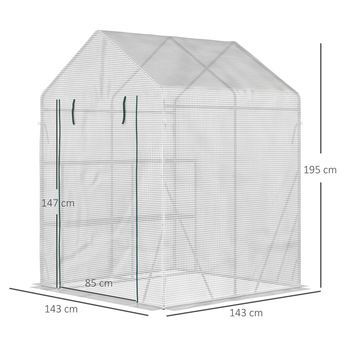 Walk-In Greenhouse Portable Gardening Plant Grow House with 2 Tier Shelf, Roll-Up Zippered Door and PE Cover, 143 x 143 x 195 cm