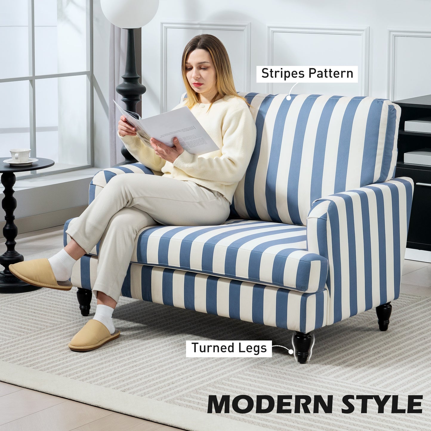 Accent Chair with Stripe, Armchair for Living Room, Blue and White