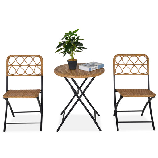 3 pcs PE Rattan Wicker Bistro Set Conversation Patio Furniture Set w/ Foldable Coffee Table and Chairs and Steel Frame, Natural