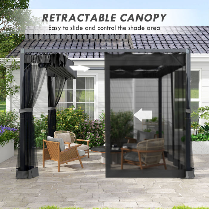 3 x 3 m Retractable Pergola, Garden Gazebo Shelter with Nettings, for Grill, Patio, Deck, Grey