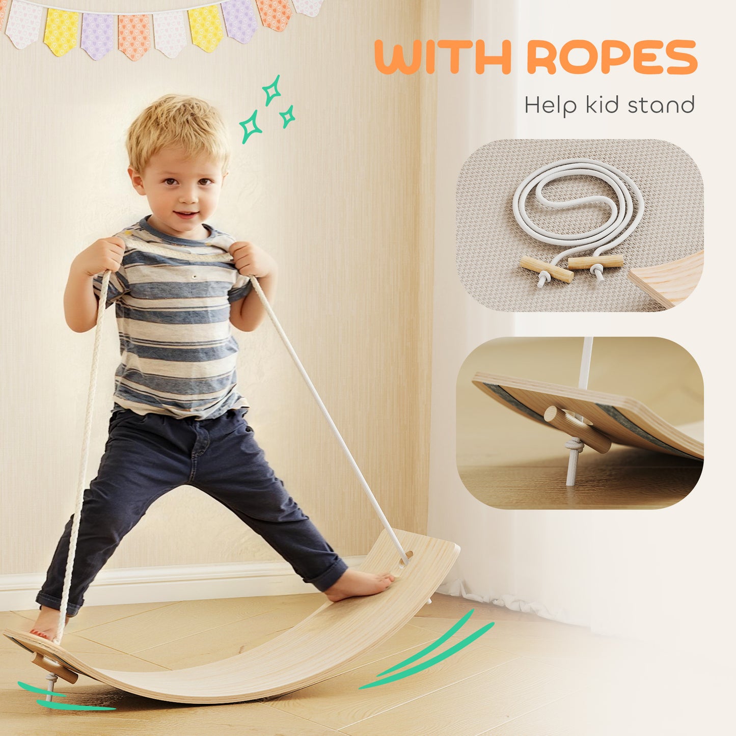 Kids Wooden Balance Board with Rope and Felt for Sensory Play