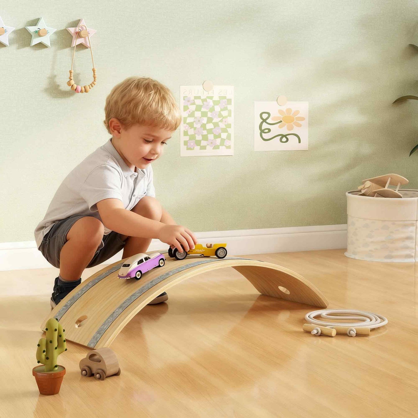 Kids Wooden Balance Board with Rope and Felt for Sensory Play