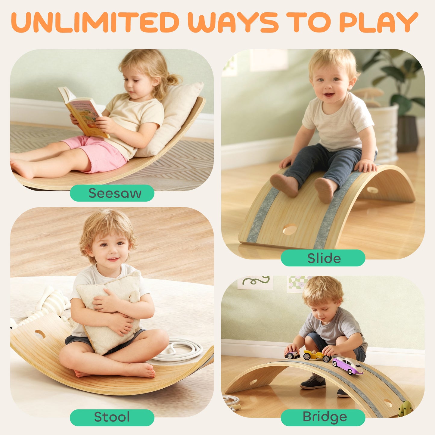 Kids Wooden Balance Board with Rope and Felt for Sensory Play