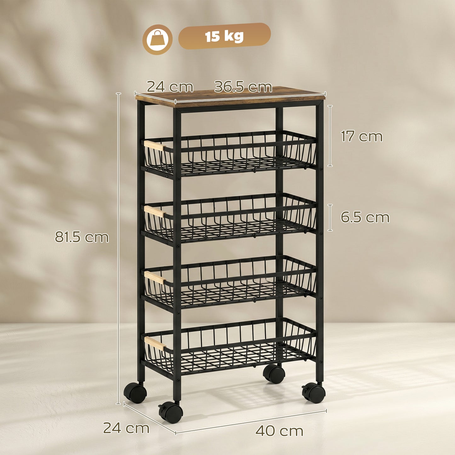 Metal Kitchen Trolley with Pull-Out Baskets, Rustic Brown