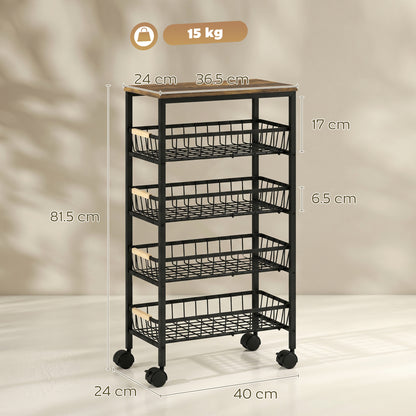 Metal Kitchen Trolley with Pull-Out Baskets, Rustic Brown