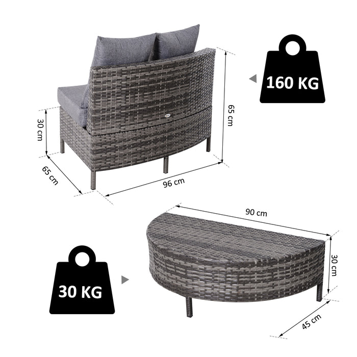 Rattan Garden Furniture 4 Seaters Half-round Patio Outdoor Sofa & Table Set Wicker Weave Conservatory Cushioned Seat with Pillow - Grey