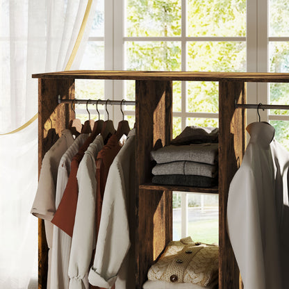 Mobile Double Open Wardrobe w/ Clothes Hanging Rail, Rustic Brown