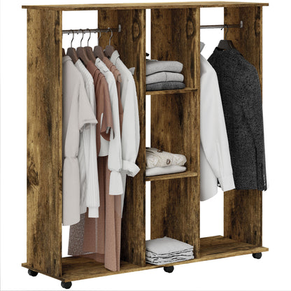 Mobile Double Open Wardrobe w/ Clothes Hanging Rail, Rustic Brown