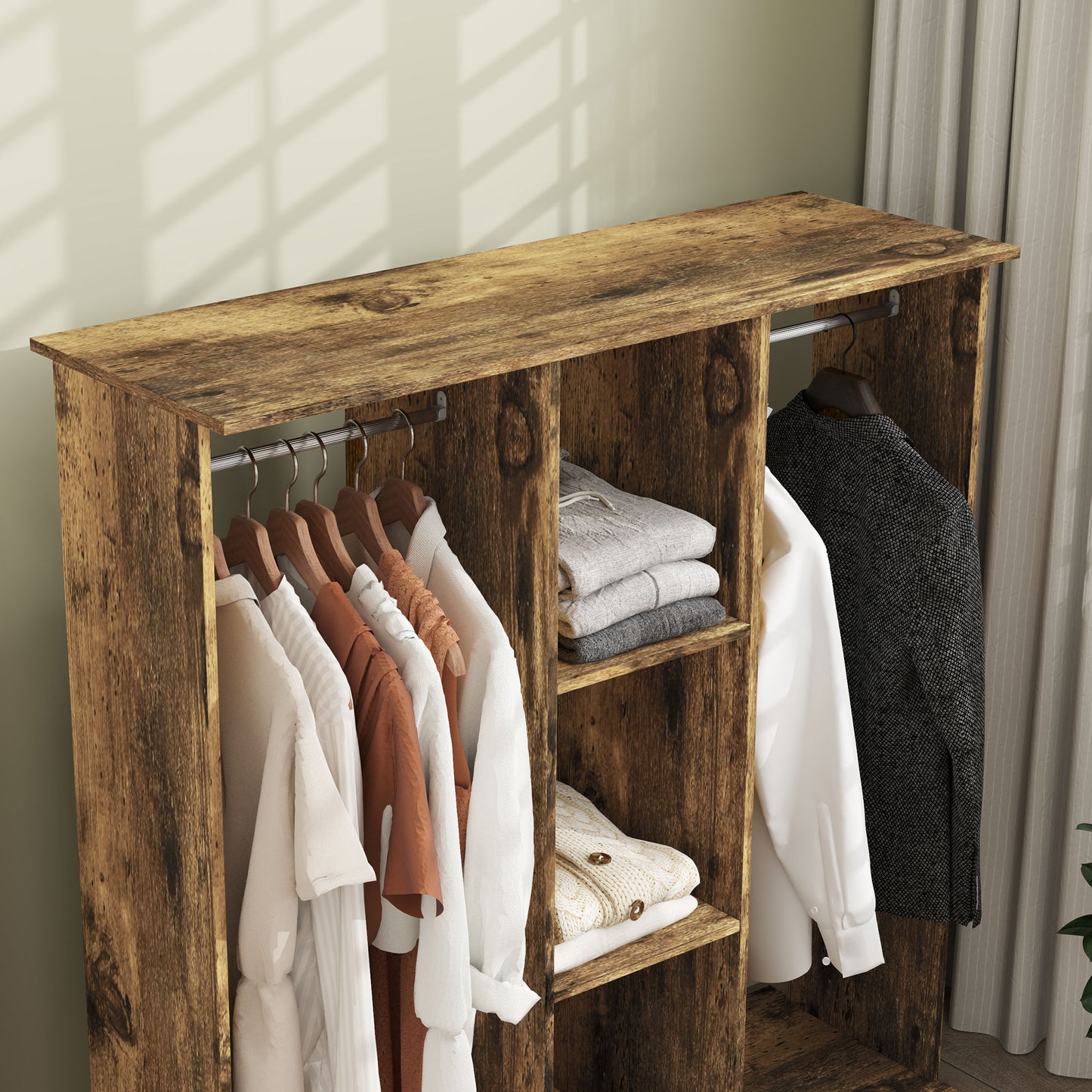 Mobile Double Open Wardrobe w/ Clothes Hanging Rail, Rustic Brown