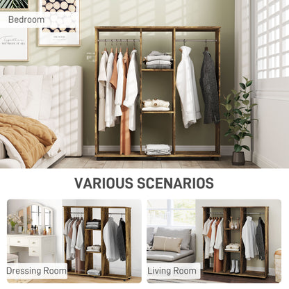 Mobile Double Open Wardrobe w/ Clothes Hanging Rail, Rustic Brown