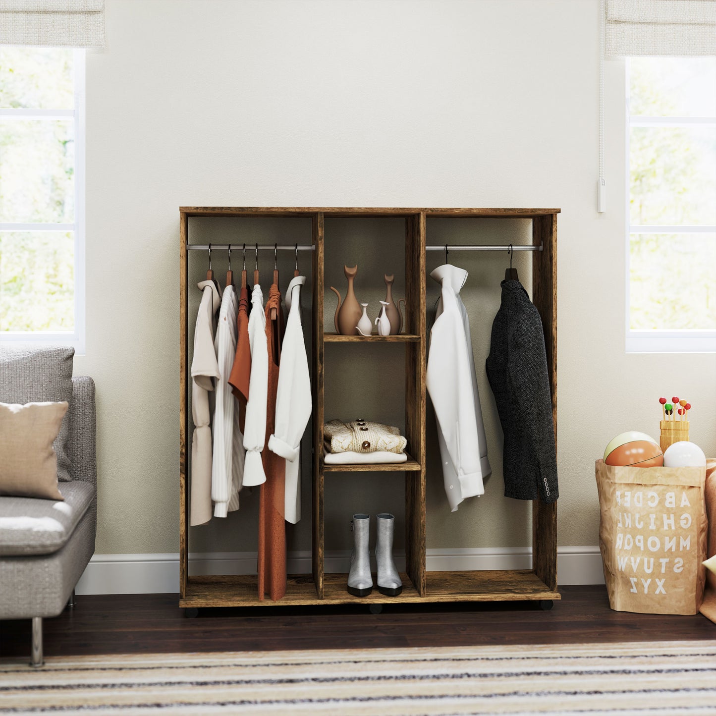 Mobile Double Open Wardrobe w/ Clothes Hanging Rail, Rustic Brown