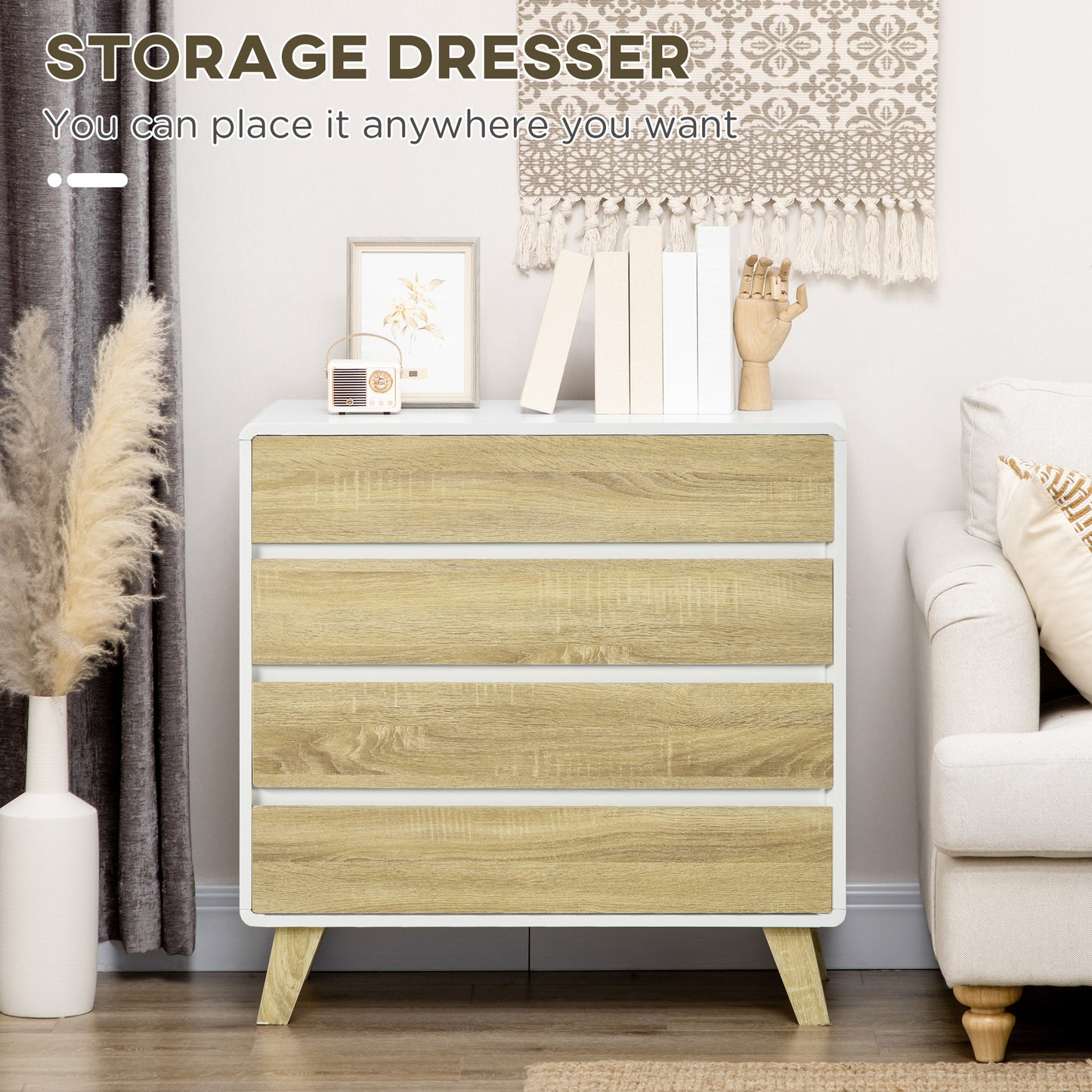 Chest of Drawers, 4 Drawer Storage Cabinet Organiser for Bedroom, Oak
