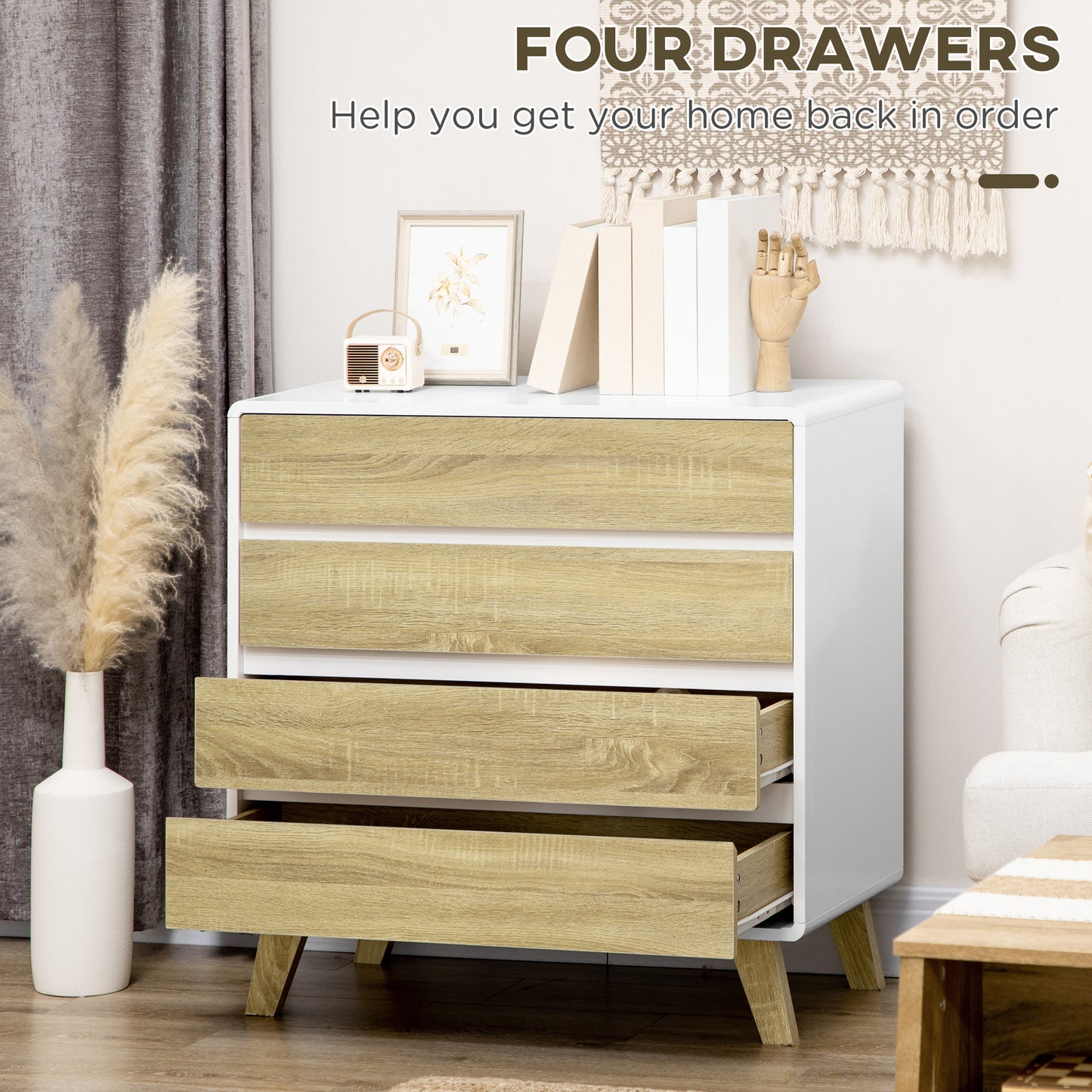 Chest of Drawers, 4 Drawer Storage Cabinet Organiser for Bedroom, Oak