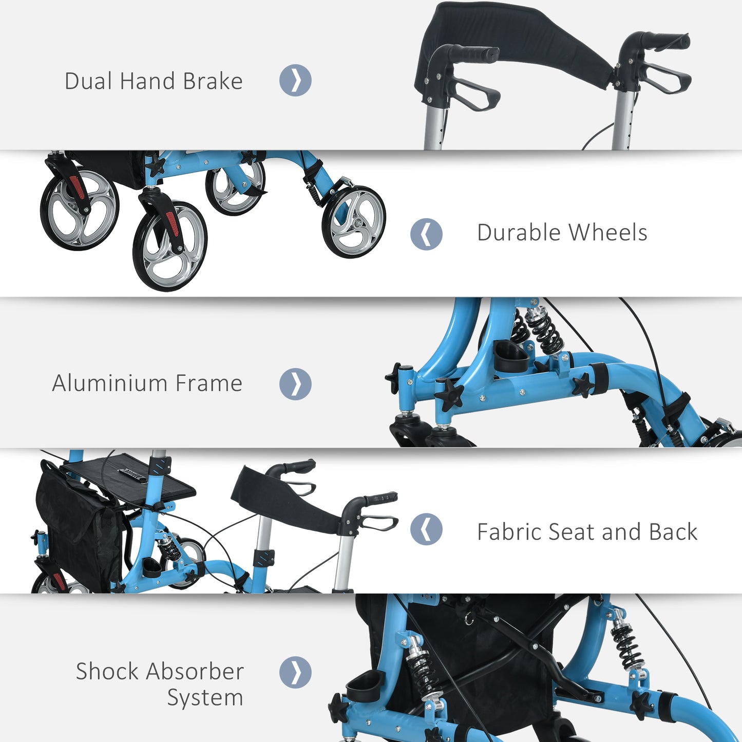 4 Wheel Rollator with Seat and Back, Lightweight Folding Mobility Walker with Large Wheels, Carry Bag, Adjustable Height,  - Blue