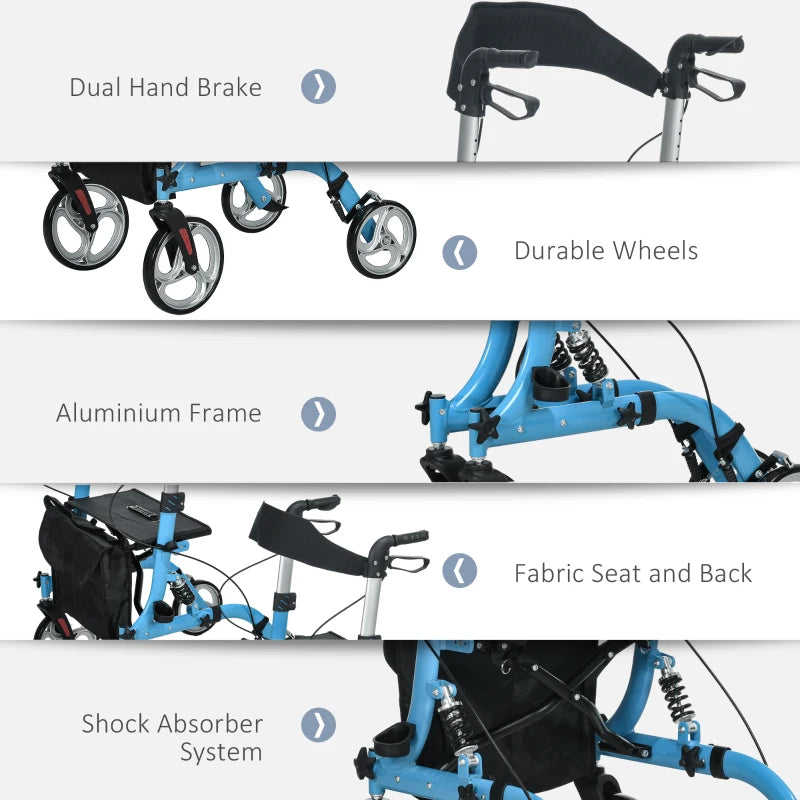 4 Wheel Rollator with Seat and Back, Lightweight Folding Mobility Walker with Large Wheels, Carry Bag, Adjustable Height,  - Blue
