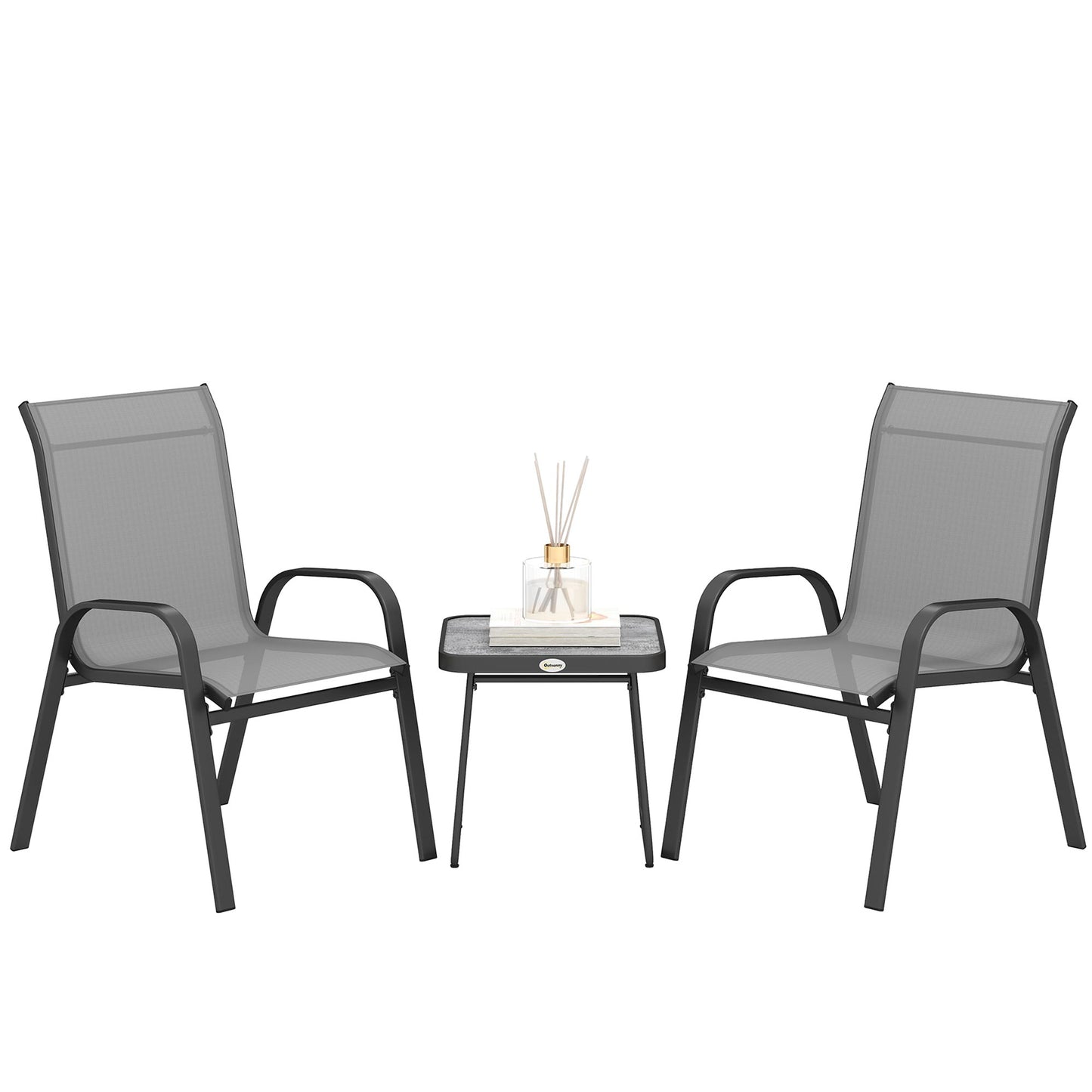 3PCs Bistro Set with Breathable Mesh Fabric Stackable Chairs Light Grey
