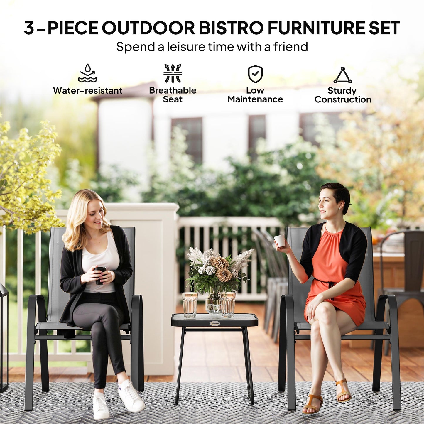 3PCs Bistro Set with Breathable Mesh Fabric Stackable Chairs Light Grey