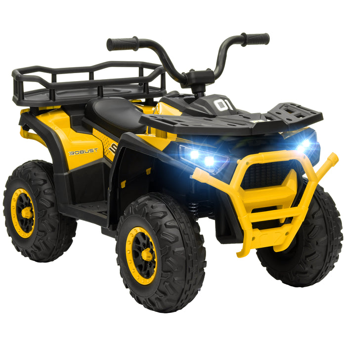 12V Kids Electric Ride on ATV, Battery Powered Quad Bike with 4 Suspension Wheels, Forward Reverse Function, Headlights Music, Storage Basket, for Ages 3-5 Years - Yellow