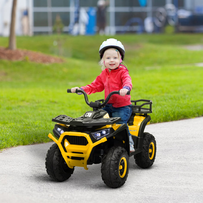 12V Kids Electric Ride on ATV, Battery Powered Quad Bike with 4 Suspension Wheels, Forward Reverse Function, Headlights Music, Storage Basket, for Ages 3-5 Years - Yellow