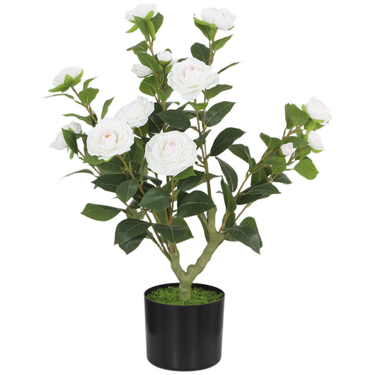 65cm Artificial Camellia Flower Plant in Pot, Realistic Silk Flowers with 116 Lush Leaves & Moss Effect, Faux Tree for Outdoor Indoor Garden Porch Decor, White