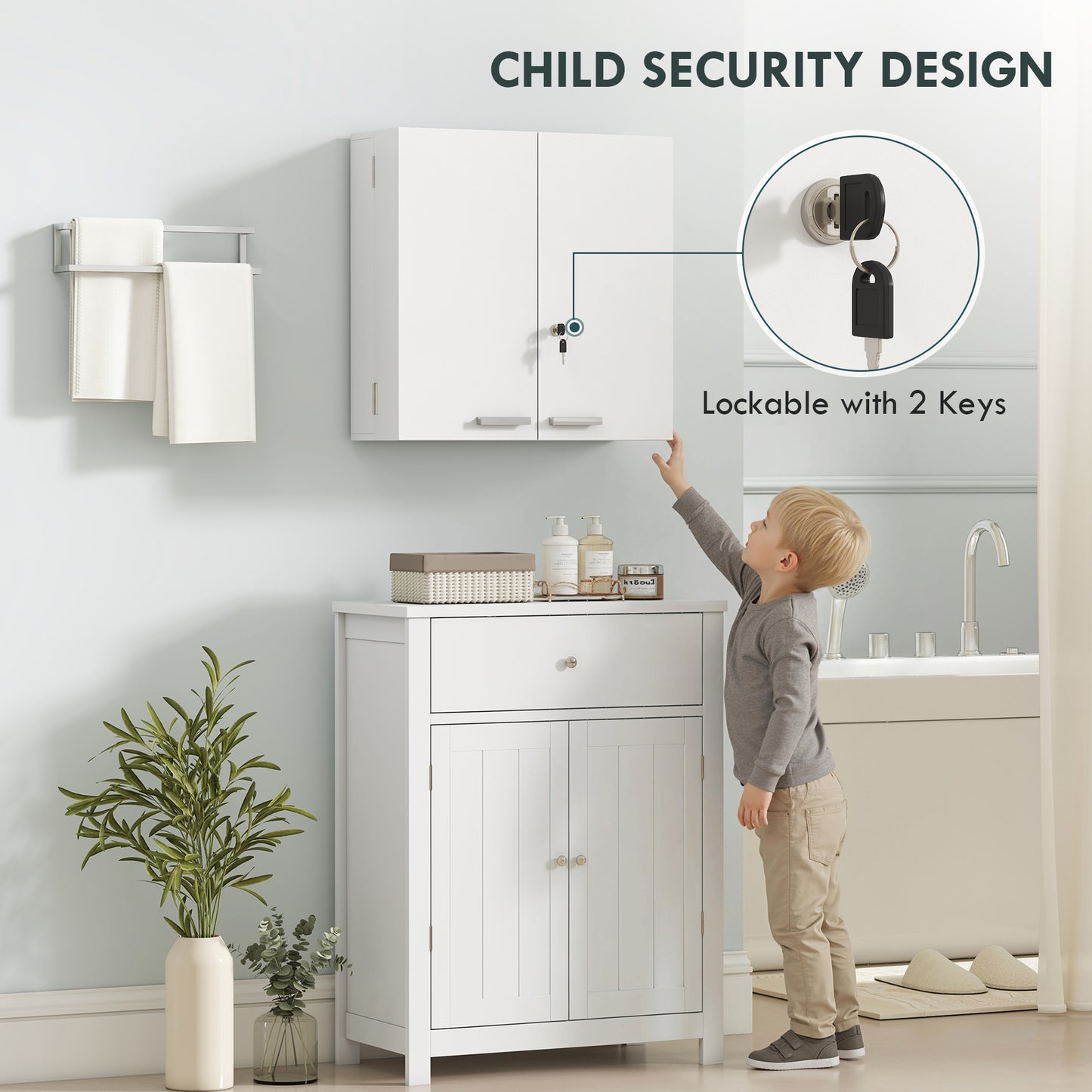 Wall Mount Medicine Cabinet with Key Lock and 2 Doors, White