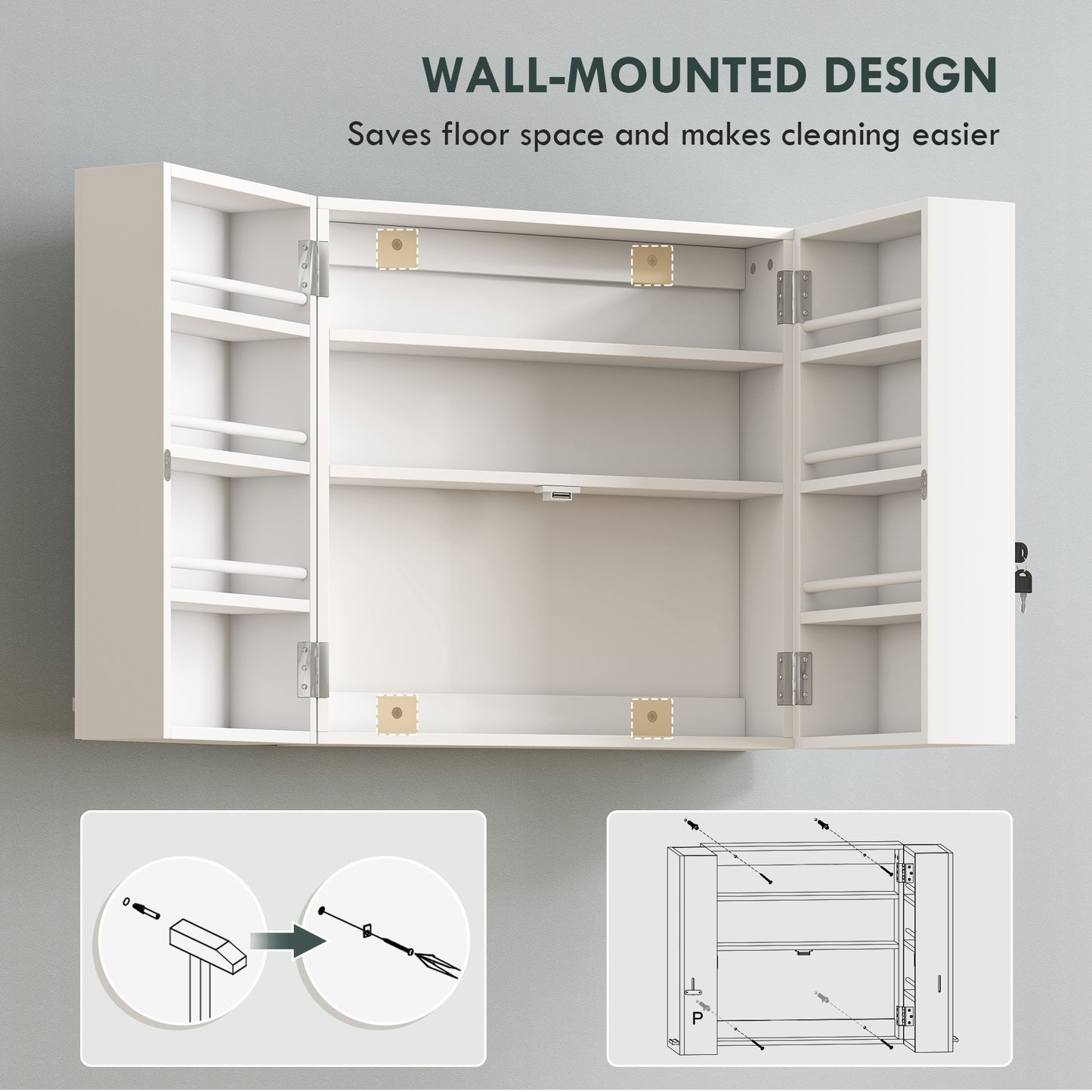 Wall Mount Medicine Cabinet with Key Lock and 2 Doors, White