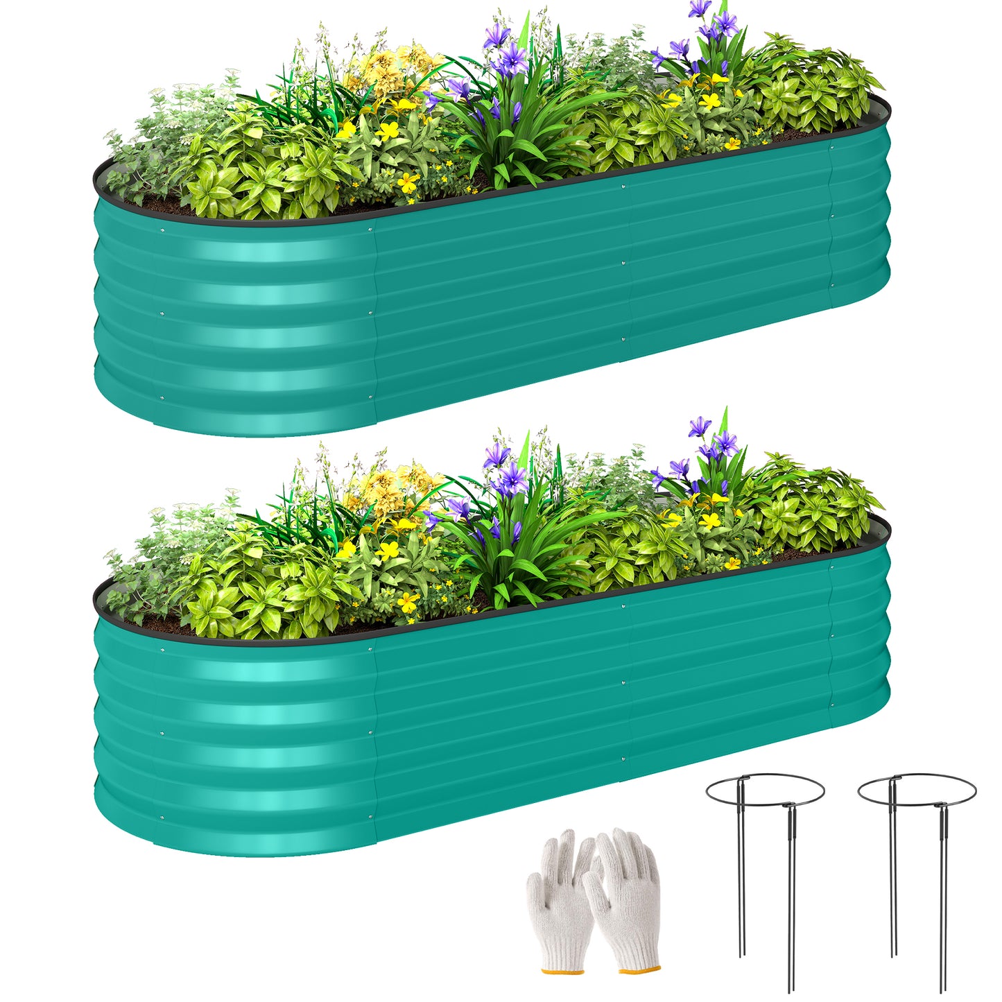 Set of 2 Raised Beds for Garden with Metal Plant Stakes, Green